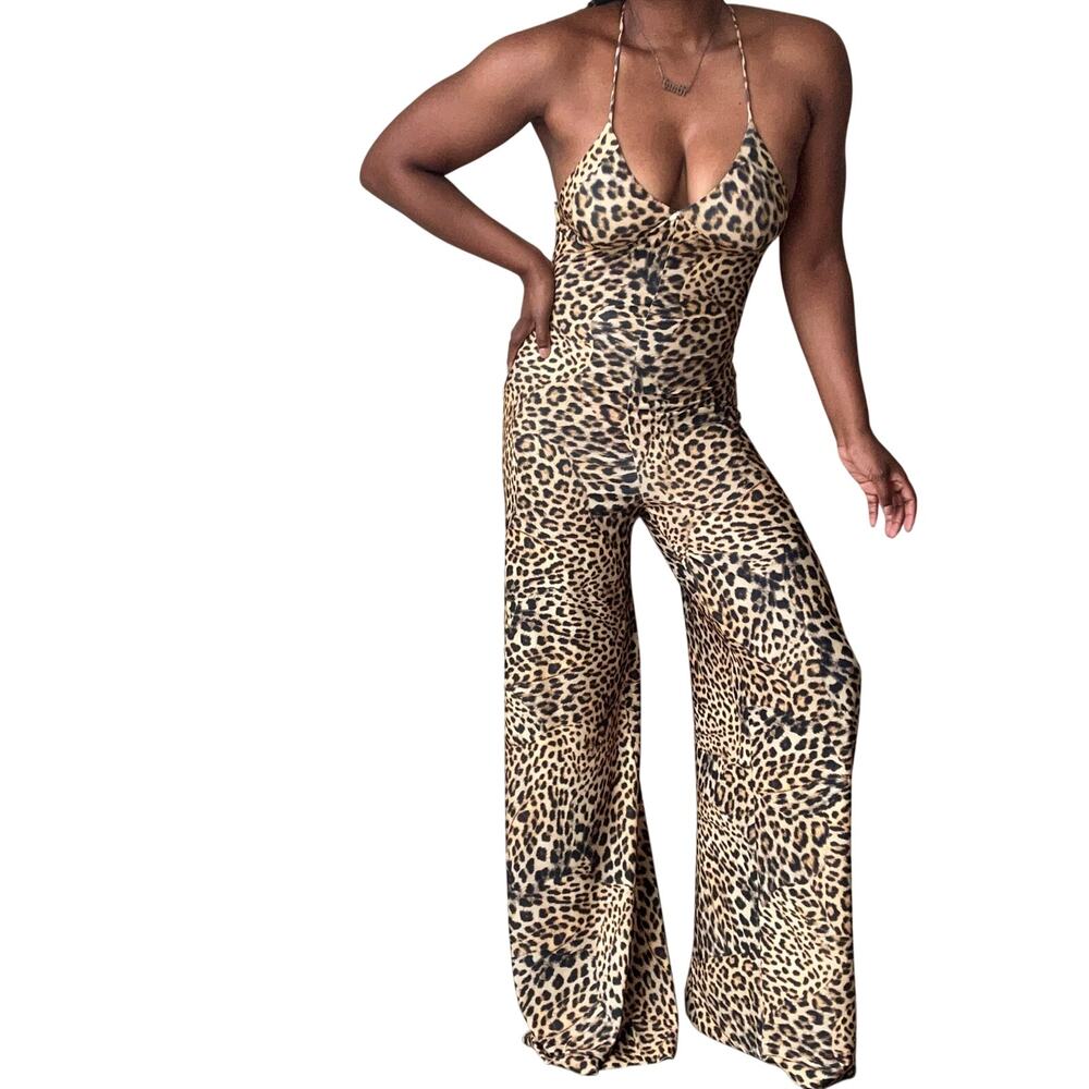 Norma Kamali Cheetah Print Wide Leg Low Back Slip Jumpsuit Size Small